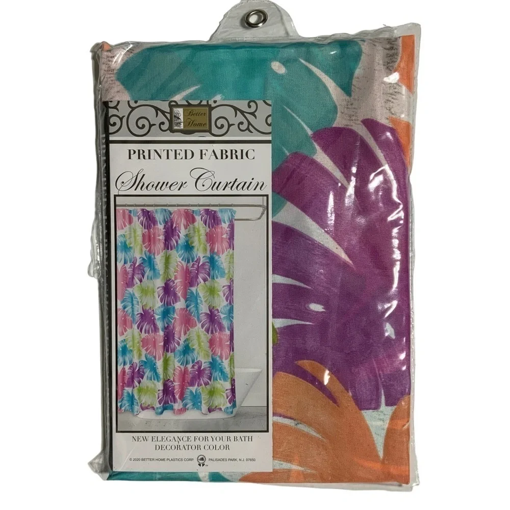 Shower Curtain Tropical Colorful Leaf Print  Fabric Teal Pink Green 70 X 72 in